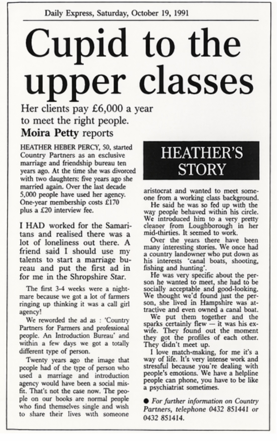 Daily Express, 19 October 1991: 'Cupid to the upper classes' — feature on Heather Heber Percy.