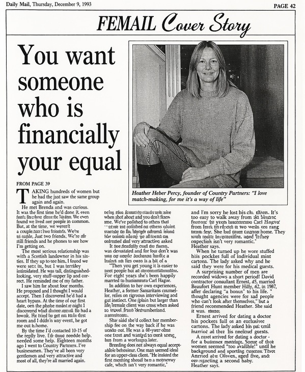 Daily Mail FEMAIL cover story, 9 December 1993: 'You want someone who is financially your equal.'